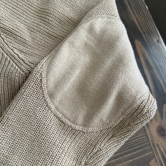 Chaps Mens Beige Cotton Knit Cardigan Sweater Zip up Size L Elbow Patches - Picture 4 of 9